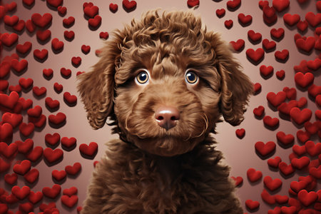 Lagotto Romagnolo Puppy with Red Hearts Background - Sweet and Charming Canine Imageの素材