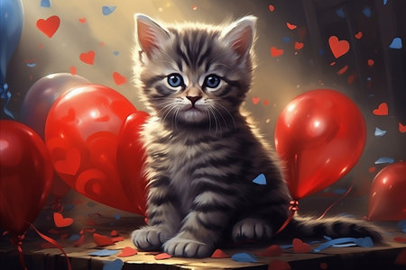 Adorable Valentines Day Kitten with Hearts and Red Balloons for Romantic Celebrationの素材
