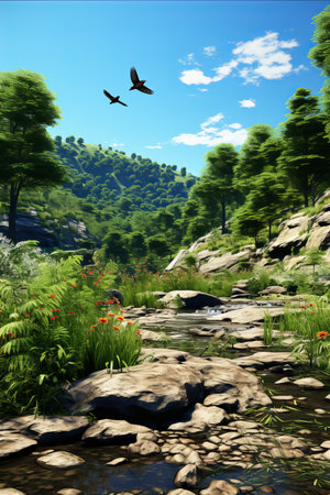 Tranquil Forest River. Scenic Landscape with Serene Waterway Amidst Towering Trees and Lush Greenery. Verticalの素材