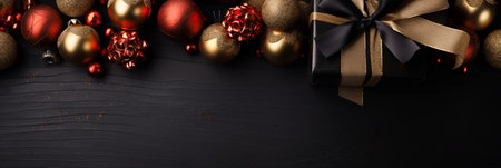 Blank black banner with frame of gifts, copy space. Black friday, valentine day, Christmas conceptの素材
