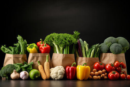 Grocery Store Paper Bags Filled with Fresh Fruits and Vegetables, Copy Space Availableの素材