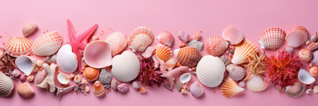Pink Blank Banner with Seashell Frame and Copy Space for Text, Captions, and Messagesの素材