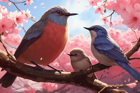 Serene Spring Scene. Exquisite Family of Birds Resting Harmoniously on a Blossoming Branchの素材