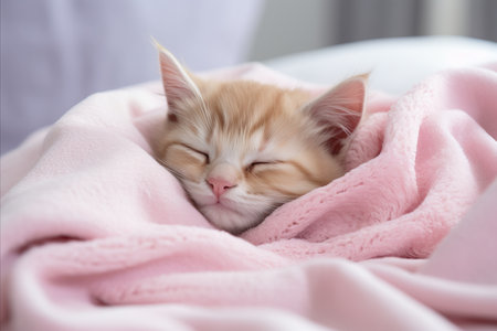 Sweet Orange Tabby Kitten Sound Asleep on a Cozy Blanket with Copy Space for Captivating Designsの素材