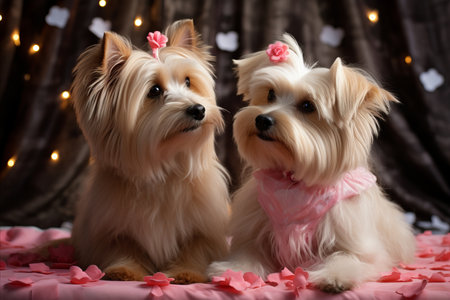 Two cute Yorkshire Terriers looking at each other while sitting next to each other in adorable pose.の素材