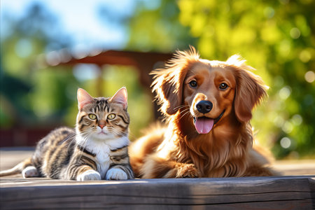 Curious Dog and Cat Outdoors. Friendly Pets Sitting and Looking at Camera with Copy Spaceの素材