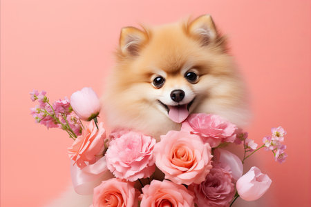 Pomeranian Dog Holding Beautiful Bouquet of Pink Roses with Blank Space for Text. Valentine's Dayの素材