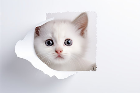Curious Cat Poking Its Head Out of a Hole in White Paper with Copy Space for Text Overheadの素材