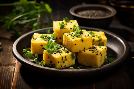 Delicious and Fragrant Indian Dhokla. A Traditional Appetizing Dish with Ample Copy Spaceの素材