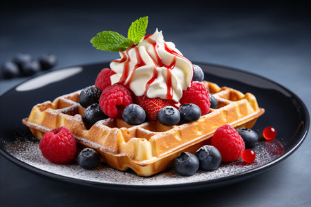 Delicious Belgian Waffles with Blueberries, Raspberries, and Whipped Cream, Copy Spaceの素材