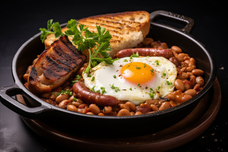 Delicious Big English Breakfast with Bacon, Eggs, Sausages, Baked Beans, and Toastの素材