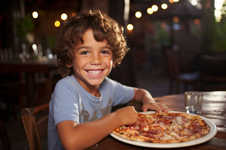 Smiling Little Boy Eating Delicious Pizza with Empty Copy Space for Text and Advertisingの素材