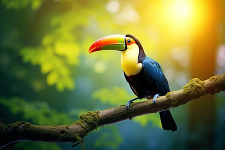Colorful Toucan Sitting on Lush Jungle Branch with Ample Copy Space for Text or Design Elementの素材
