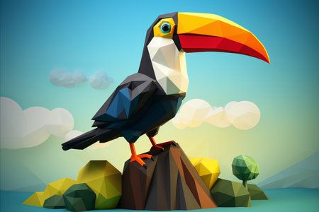 Exquisite Colorful Toucan Bird Low Poly in Lush Green Tropical Rainforest Habitatの素材