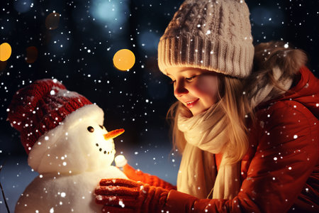Smiling young girl happily building a snowman in the fresh snow on a beautiful winter dayの素材