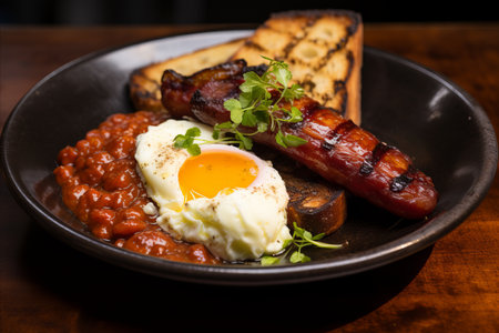 Delicious Big English Breakfast with Bacon, Eggs, Sausages, Baked Beans, and Toastの素材