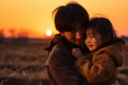 Father and Daughter Cherishing Sunset. Heartwarming Bonding Time in Scenic Outdoorsの素材