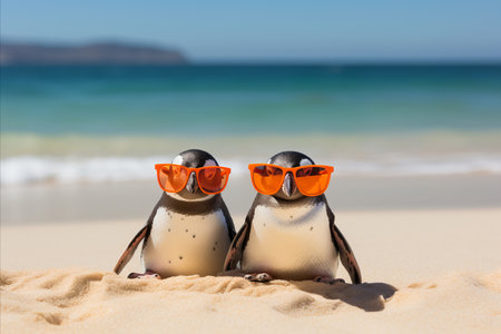 Adorable Penguins in Sunglasses Relaxing on Sandy Beach with Ample Copy Space Fun Avian Getawayの素材