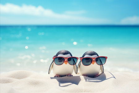 Adorable Penguins in Sunglasses Relaxing on Sandy Beach with Ample Copy Space Fun Avian Getawayの素材