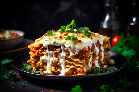 Appetizing Italian Lasagna - Classic Comfort Food with a Blank Space for Custom Textの素材