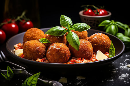 Mouthwatering and Irresistible Italian Arancini Balls on a Plate with Ample Space for Textの素材