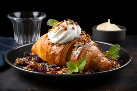 Delicious Italian Cornetto with Cappuccino and Copy Space for Breakfast or Snackの素材
