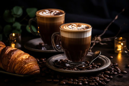 Delicious Italian Cornetto with Cappuccino and Copy Space for Breakfast or Snackの素材