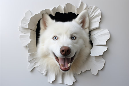 Curious Dog Playfully Peeking Out of Hole in White Wall, Creating Space for Captivating Textの素材