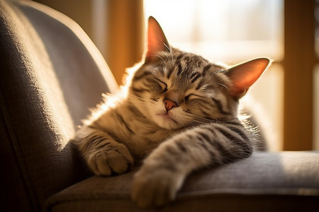 Adorable Tabby Cat Taking a Cozy Nap on the Comfortable Sofa with Ample Copy Spaceの素材
