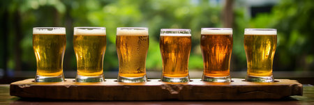 Beers glasses on green bokeh background for festive celebrationの素材