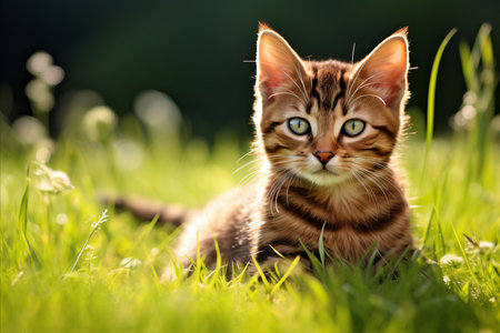 Cute tabby cat lounging on the green grass, perfect for adding personalized text or messagesの素材