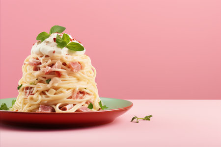 Mouthwatering Italian Spaghetti Carbonara - A Perfectly Satisfying Dish with Space for Custom Textの素材