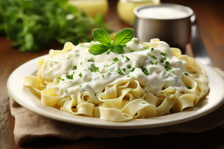 Italian Fettuccine Alfredo - Delicious Pasta Dish with Copy Space for Food Photography and Menusの素材
