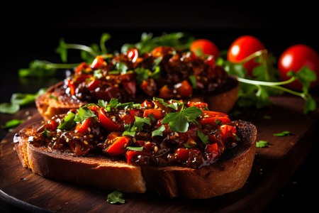 Delicious Italian Bruschetta with Fresh Ingredients - Appetizing Food Photography with Copy Spaceの素材