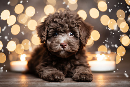 Lagotto Romagnolo Puppy with Christmas Decorations and Copy Space for Festive Greetings and Adsの素材