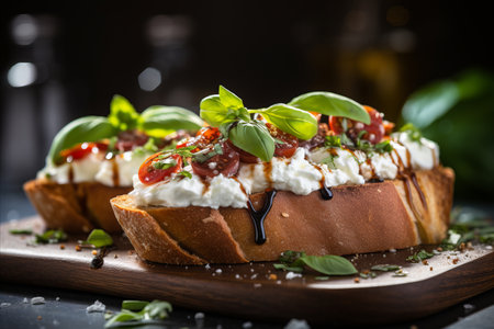 Appetizing Bruschetta. Delicious Italian Dish with Copy Space for Text on the Plateの素材