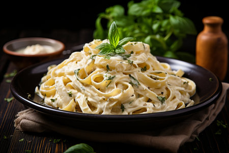 Delicious Italian Fettuccine Alfredo with Creamy Parmesan Sauce and Copy Space for Textの素材