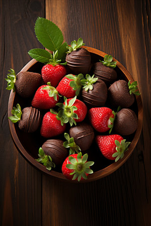 Delicious Chocolate Dipped Strawberries with Copy Space. Sweet and Tempting Dessert Treat. Vertical. Top viewの素材