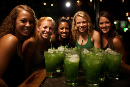 Group of friends joyfully celebrating St. Patricks Day with glasses of green beer in barの素材