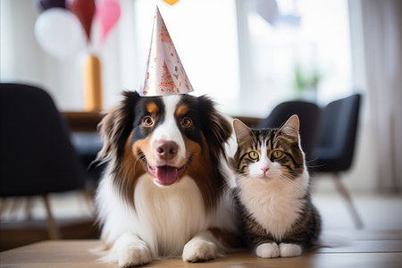Happy cat and dog Wearing Party Hat for Festive Birthday Celebration with Copy Spaceの素材