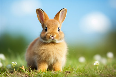Adorable Baby Rabbit Sitting on Fresh Green Grass - Plenty of Room for Text and Copy Space Availableの素材