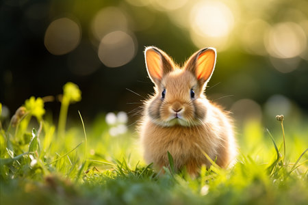 Adorable Little Rabbit Relaxing in a Field of Summer Flowers with Ample Space for Text. Easterの素材