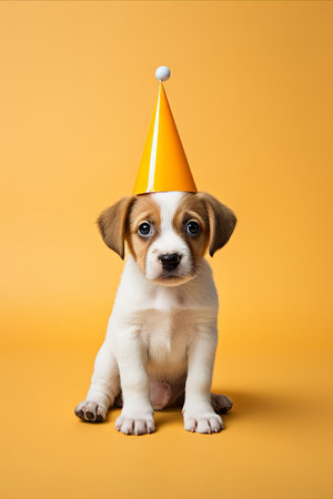 Adorable sad Puppy Dog Wearing Party Hat Celebrating Festive Birthday with Copy Spaceの素材