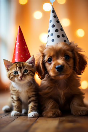 Happy cat and dog Wearing Party Hat for Festive Birthday Celebration with Copy Space. Verticalの素材