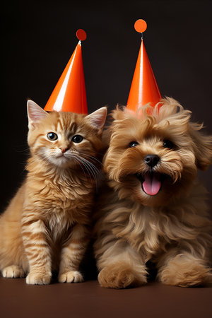 Happy Cat and Dog Wearing Party Hat for Festive Birthday Celebration with Copy Space. Verticalの素材