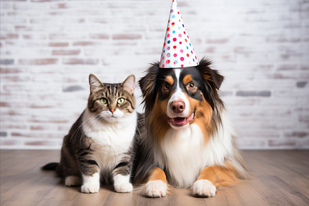 Joyful Cat and Dog Sporting Party Hats for a Festive Birthday Bash with Space for Textの素材