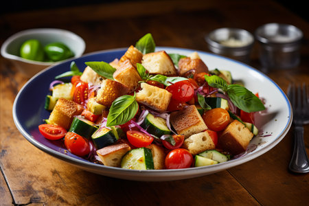 Appetizing Panzanella Salad with Fresh Ingredients for Restaurant Menu with Ample Copy Spaceの素材