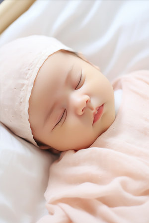 Serene infant peacefully sleeping in a cozy crib, perfect for personalized messages and captionsの素材
