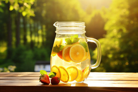 Refreshing Lemonade Jug with Fresh Berries and Sliced Lemons - Summer Drink for Hot Days and Partiesの素材