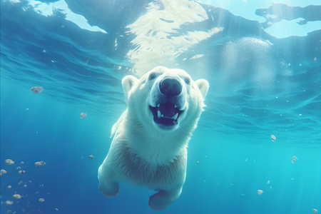 Beautiful Polar Bear Swimming Underwater, Creating a Serene Copy Space with its Majestic Presenceの素材